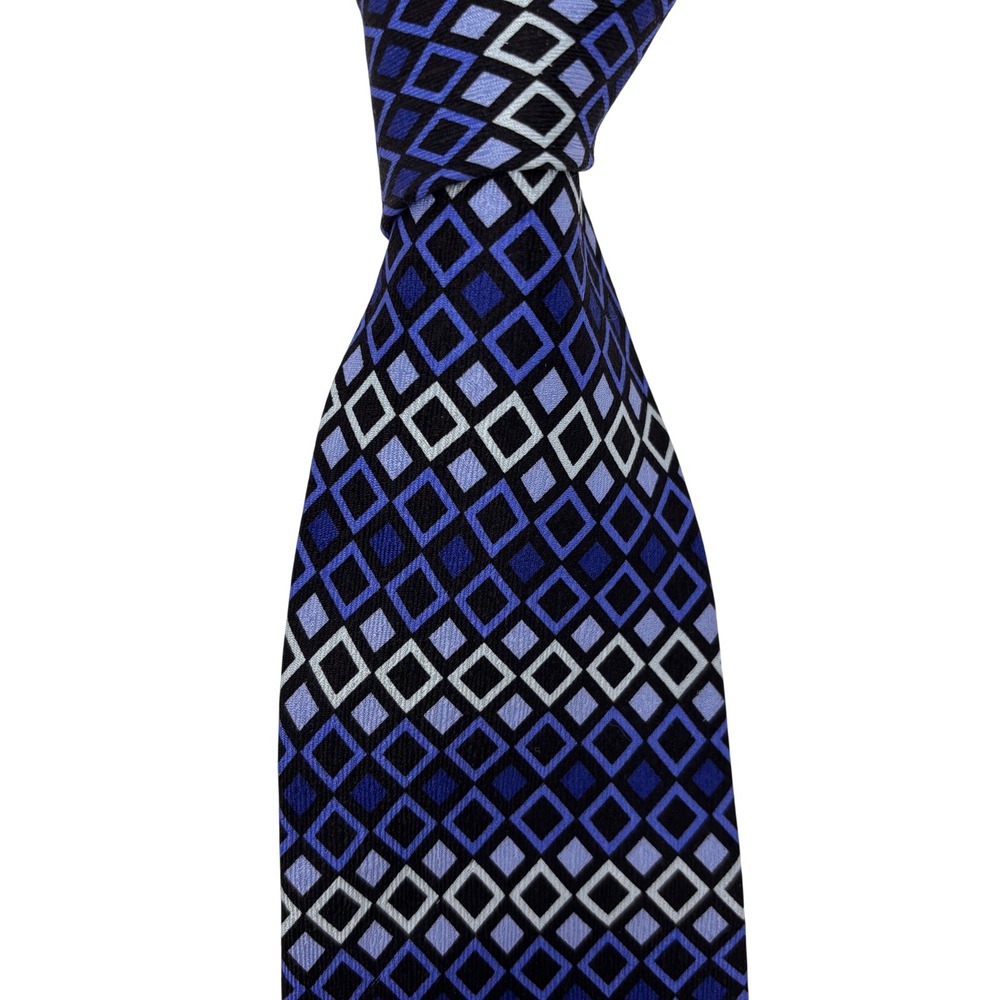GUESS Mens Silk Tie Blue Silver Black Geometric Diamond Pattern Necktie 56x4"
